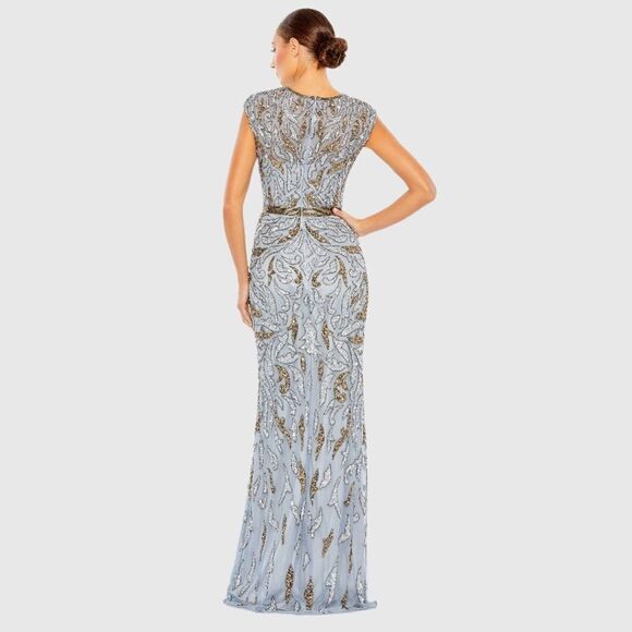 Mac Duggal 5532 Womens Platinum Embellished Illusion Cap Sleeve Column Gown - Picture 4 of 13